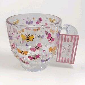 Clear Glass Mug Hand-Painted Artsy Butterflies Bees Wit Rhinestones By Luna Sage